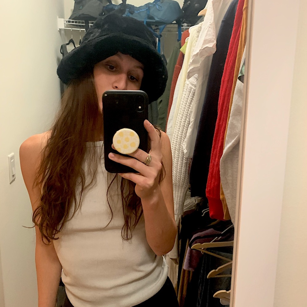 One of a kind black fuzzy bucket hat